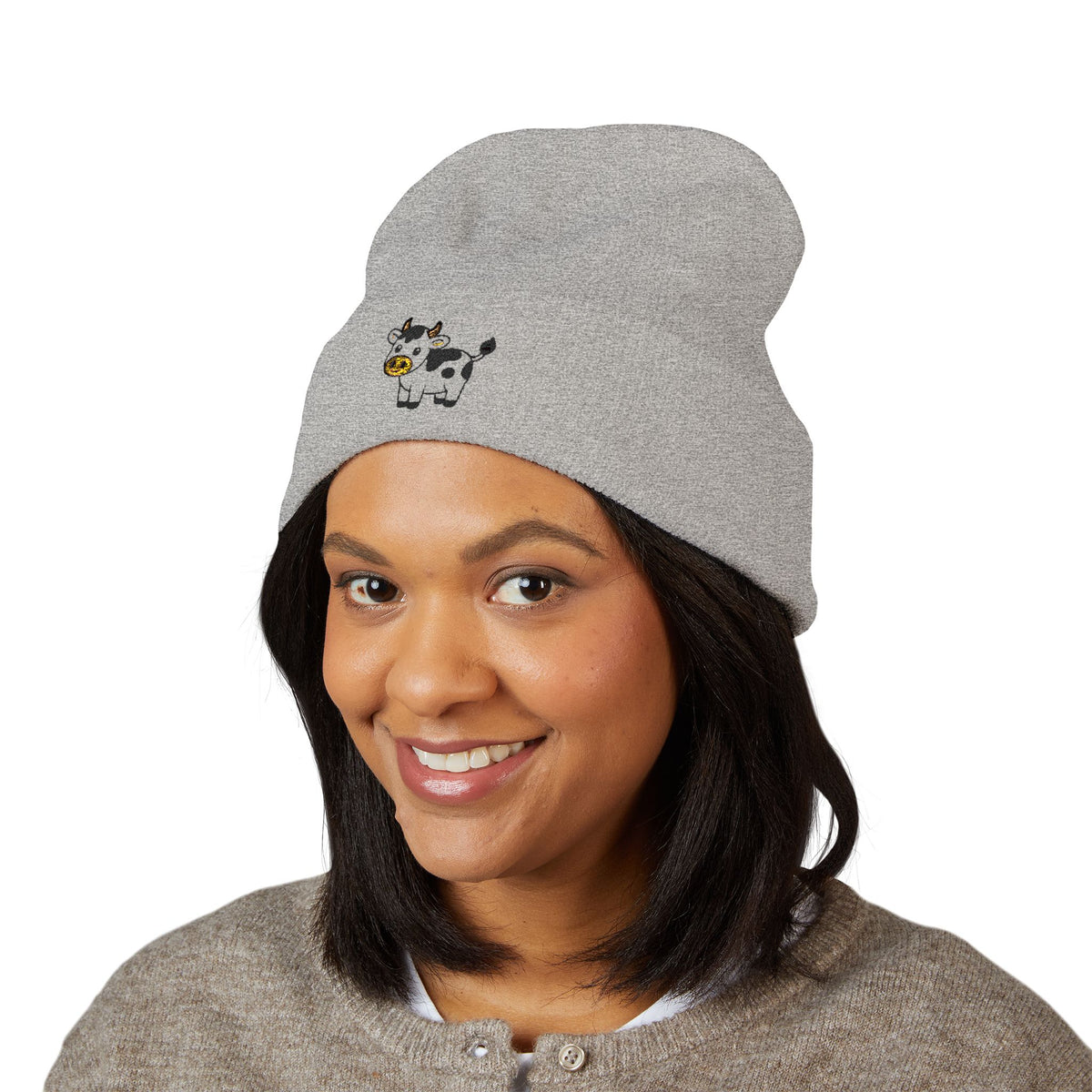 Cow Embroidered Cuffed Beanie | Cute Farm Animal Winter Hat | Cozy Knit Cap |