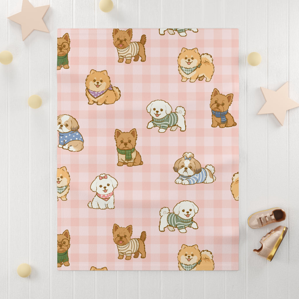 Cute Puppy Baby Fleece Blanket | Pink Gingham Dog Throw | Cozy Infant & Toddler Blanket |