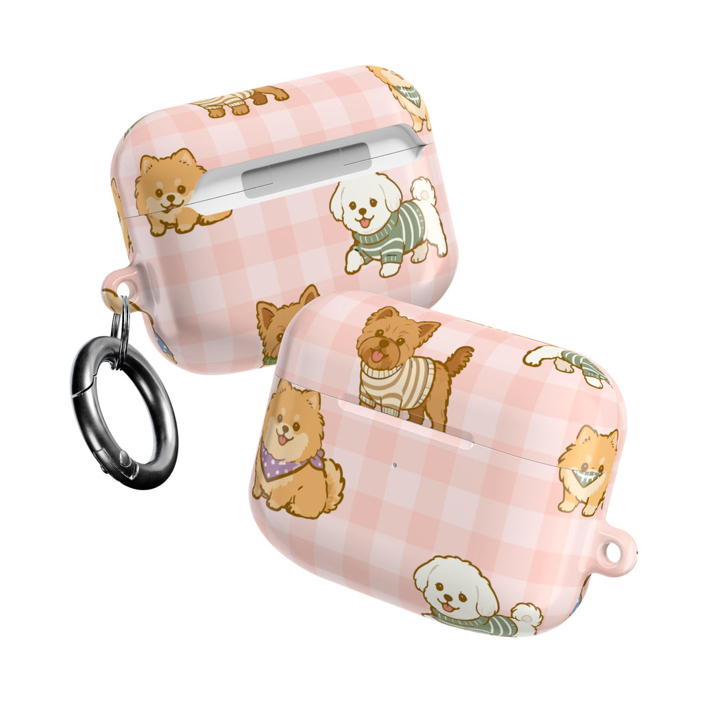 Cute Puppy Gingham AirPod Case | Pink Dog Pattern Glossy Earbud Cover |