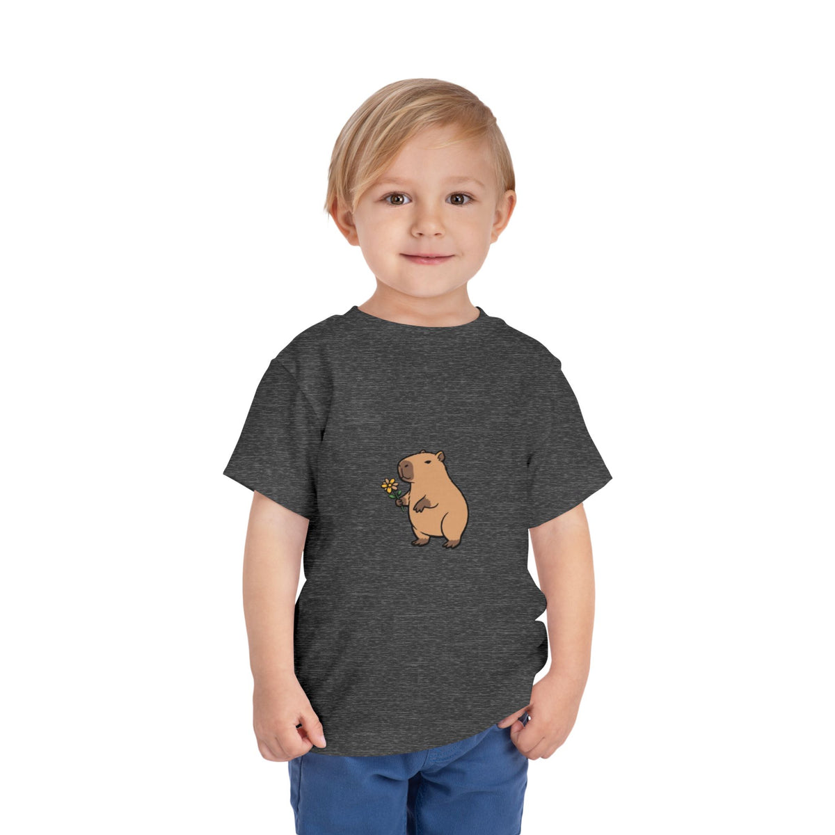 Cute Capybara Toddler T-Shirt | Capybara Holding Flower Kids Tee | Adorable Animal Shirt |