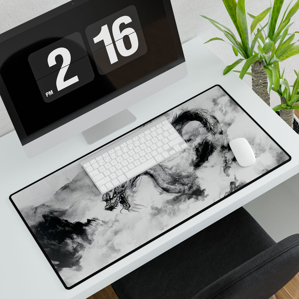 Ink Dragon Gaming/Work Desk Mat | Black & White Japanese Art |