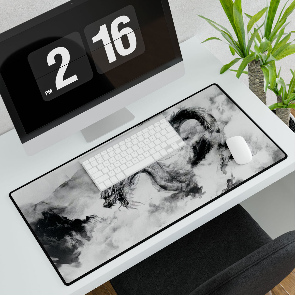 Ink Dragon Gaming/Work Desk Mat | Black & White Japanese Art |