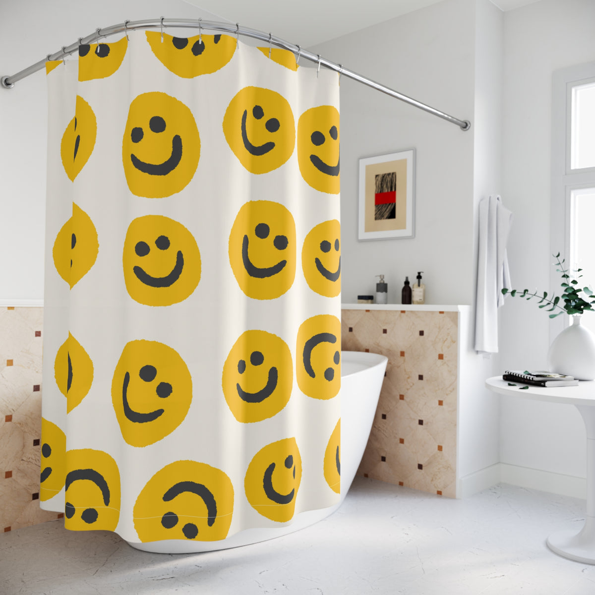 Retro Smiley Face Shower Curtain | Yellow Happy Emoji Bathroom Décor | Cute Bathroom Accent |