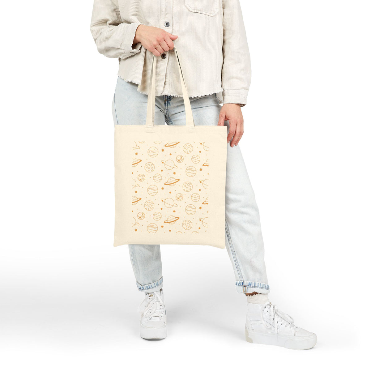 Celestial Planet Canvas Tote Bag | Whimsical Space Graphic Shopper | Heavyweight Cotton Carryall |
