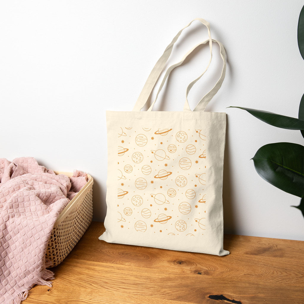 Celestial Planet Canvas Tote Bag | Whimsical Space Graphic Shopper | Heavyweight Cotton Carryall |