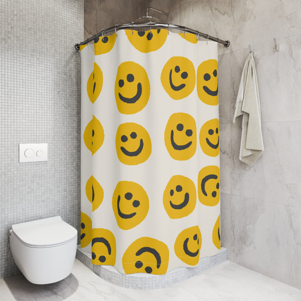 Rideau de douche rétro Smiley | Décoration de salle de bain avec emoji jaune et joyeux | Accessoire de salle de bain mignon |