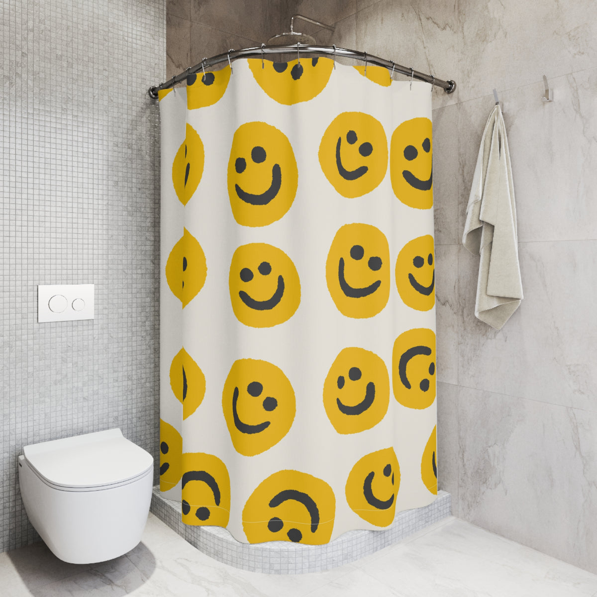 Retro Smiley Face Shower Curtain | Yellow Happy Emoji Bathroom Décor | Cute Bathroom Accent |
