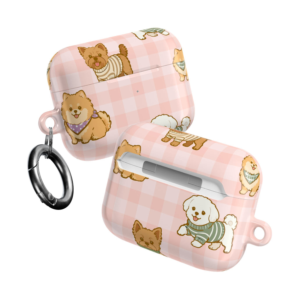 Cute Puppy Gingham AirPod Case | Pink Dog Pattern Glossy Earbud Cover |