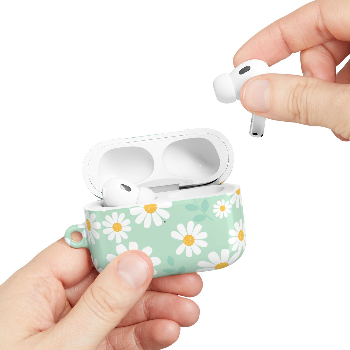 Mint Daisy AirPods Case | Floral Protective Charging Cover | Cute Spring-Inspired Case with Carabiner |