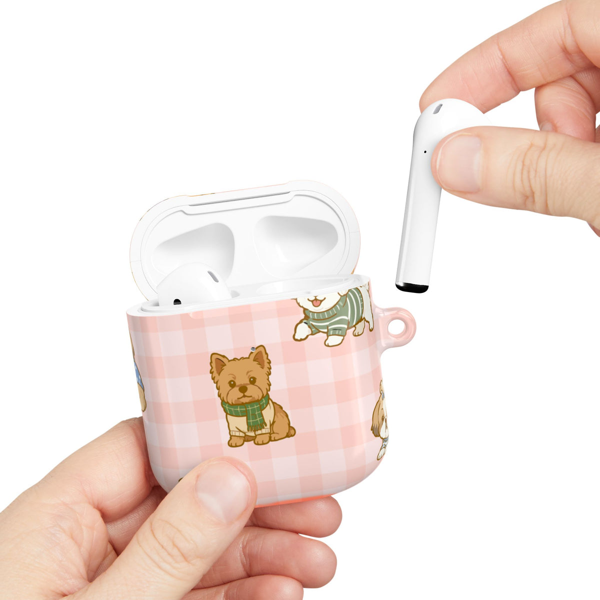 Cute Puppy Gingham AirPod Case | Pink Dog Pattern Glossy Earbud Cover |