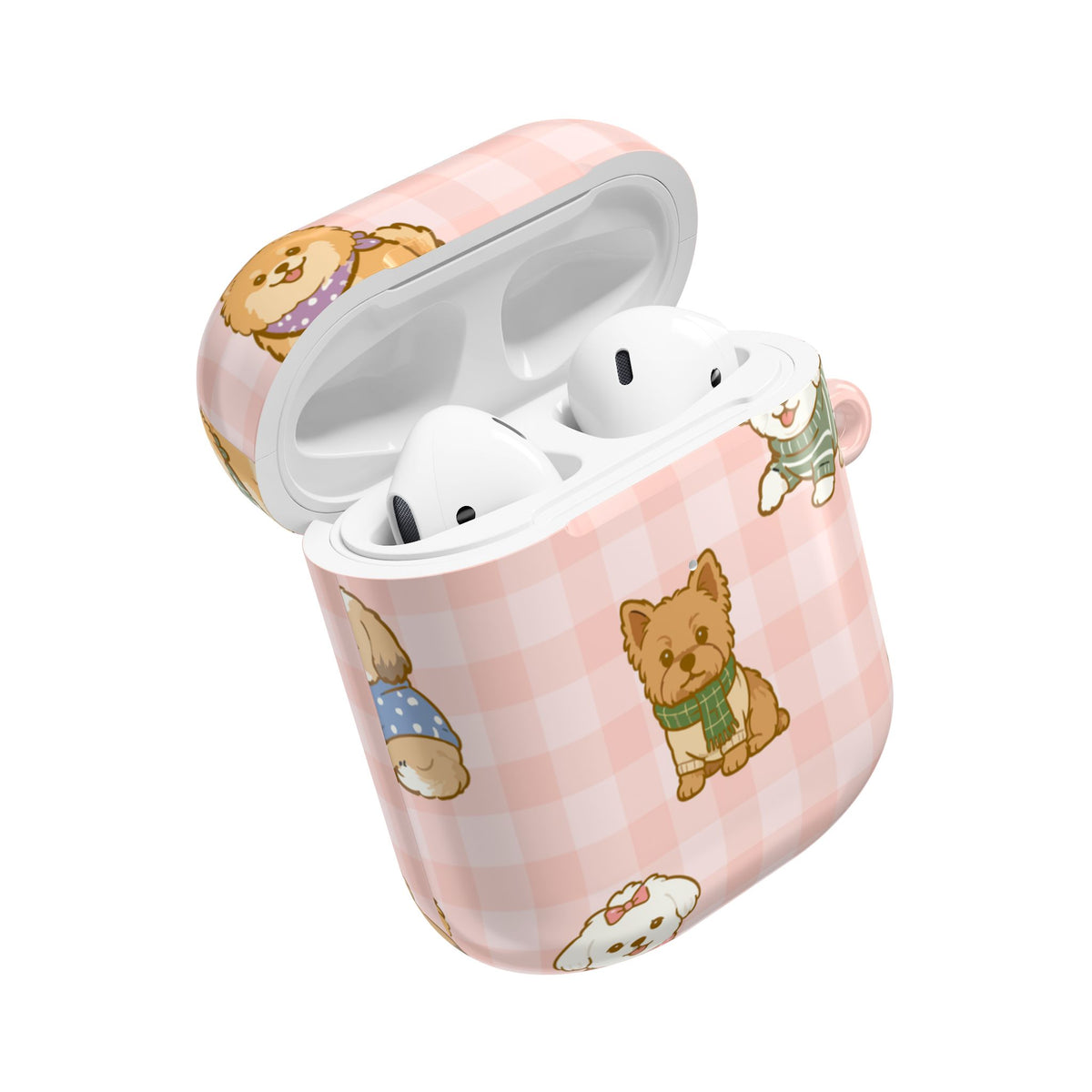 Cute Puppy Gingham AirPod Case | Pink Dog Pattern Glossy Earbud Cover |
