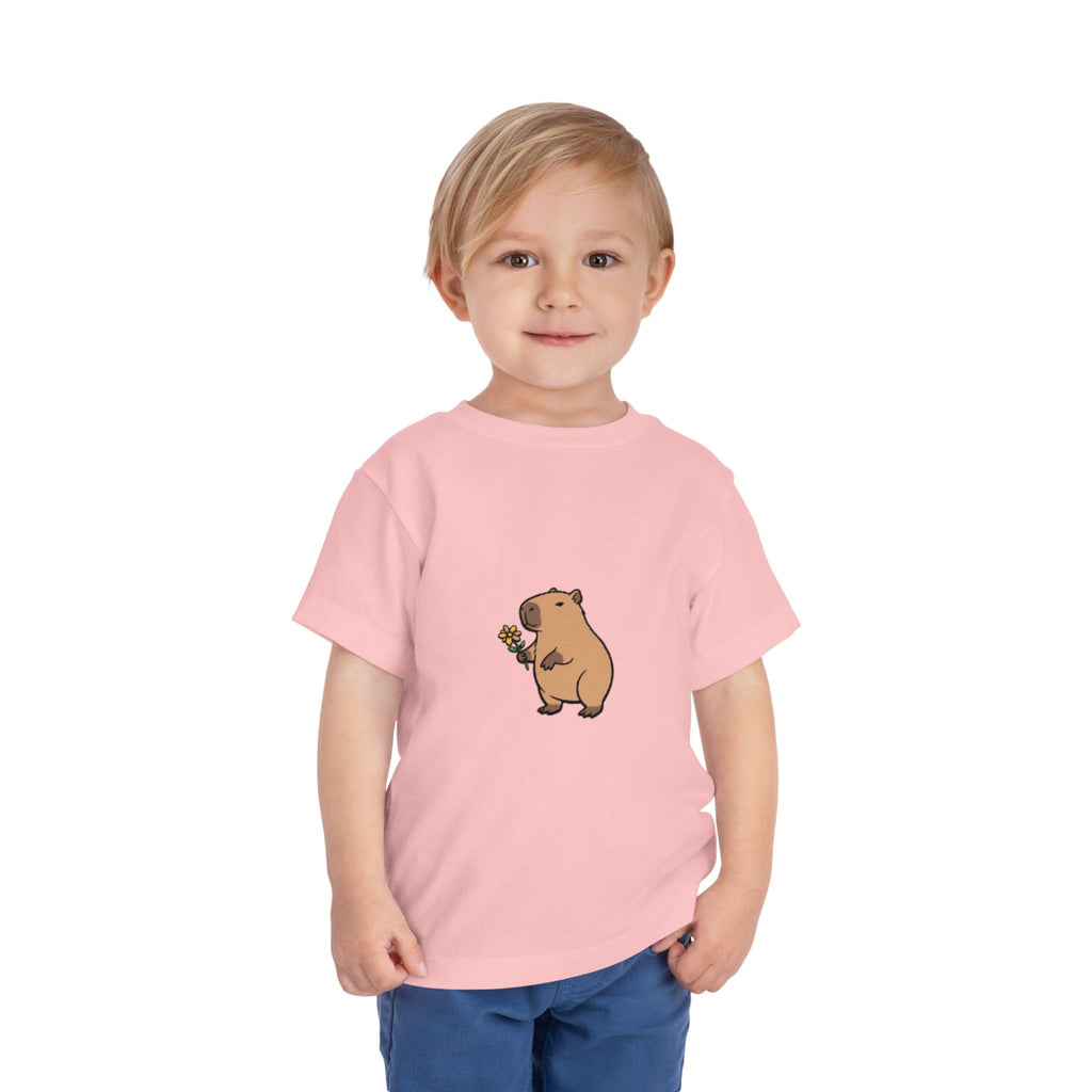 Cute Capybara Toddler T-Shirt | Capybara Holding Flower Kids Tee | Adorable Animal Shirt |