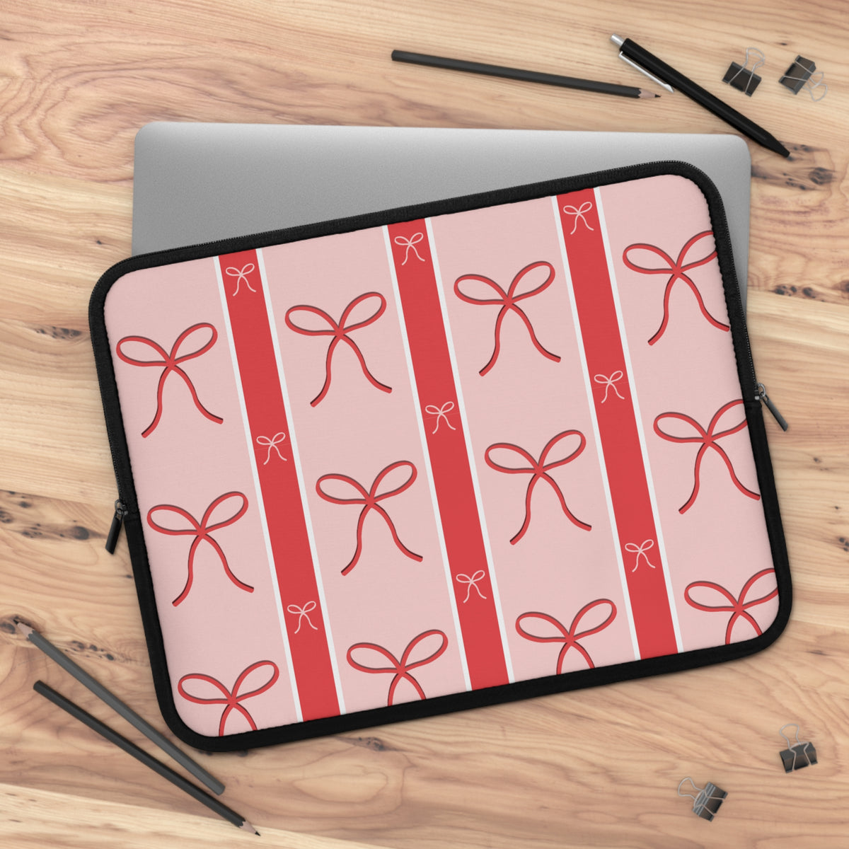 Pink Bow Laptop Sleeve | Cute Ribbon & Stripe Laptop Case | Padded Protective Computer Cover |