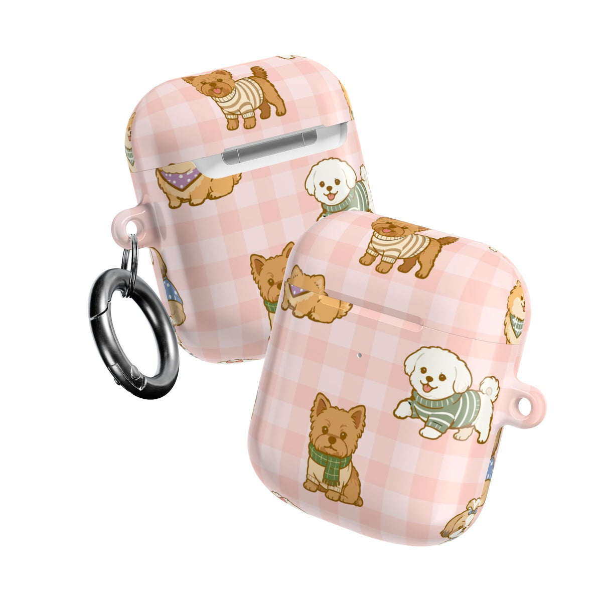 Cute Puppy Gingham AirPod Case | Pink Dog Pattern Glossy Earbud Cover |