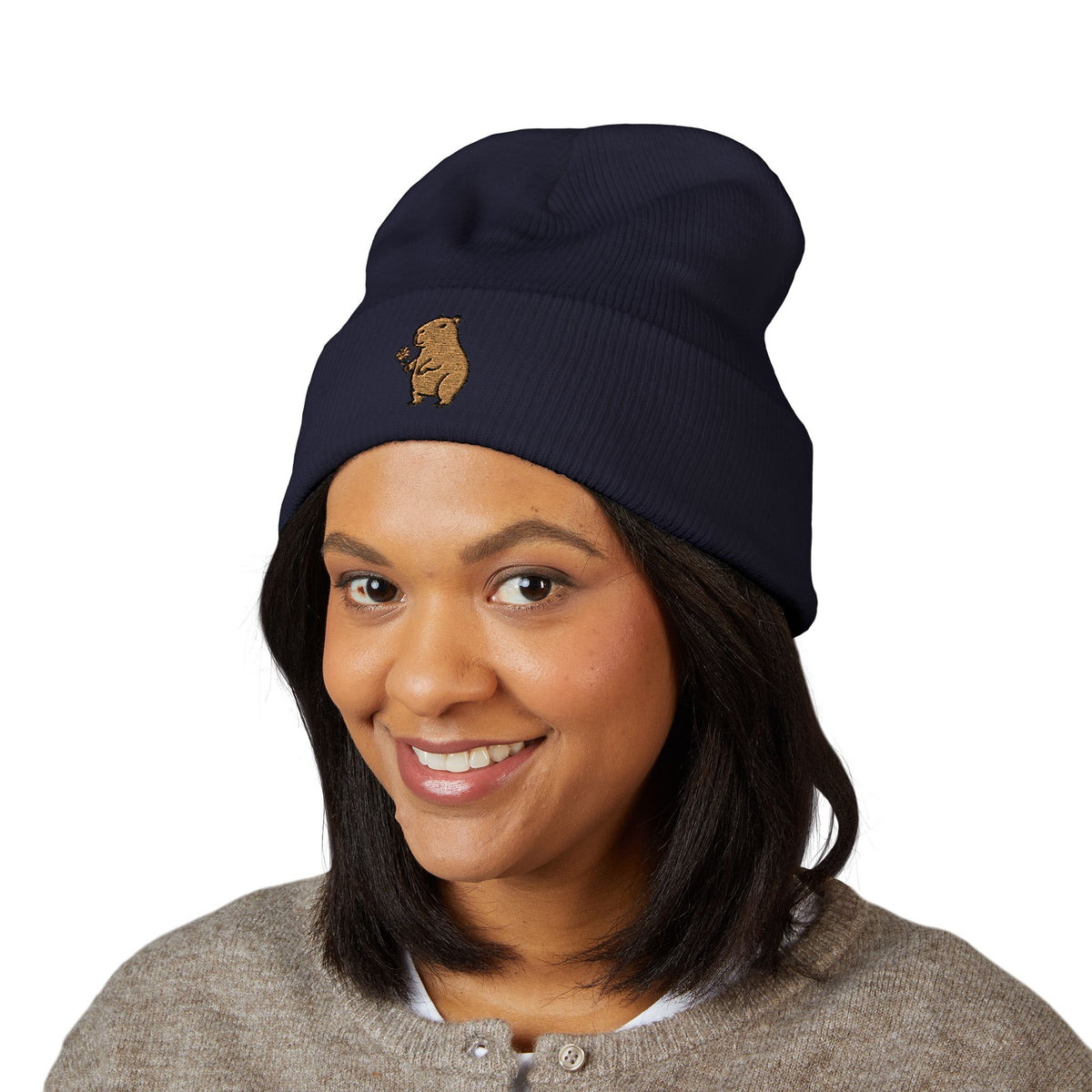 Capybara Embroidered Cuffed Beanie | Cute Animal Winter Hat | Cozy Knit Cap |