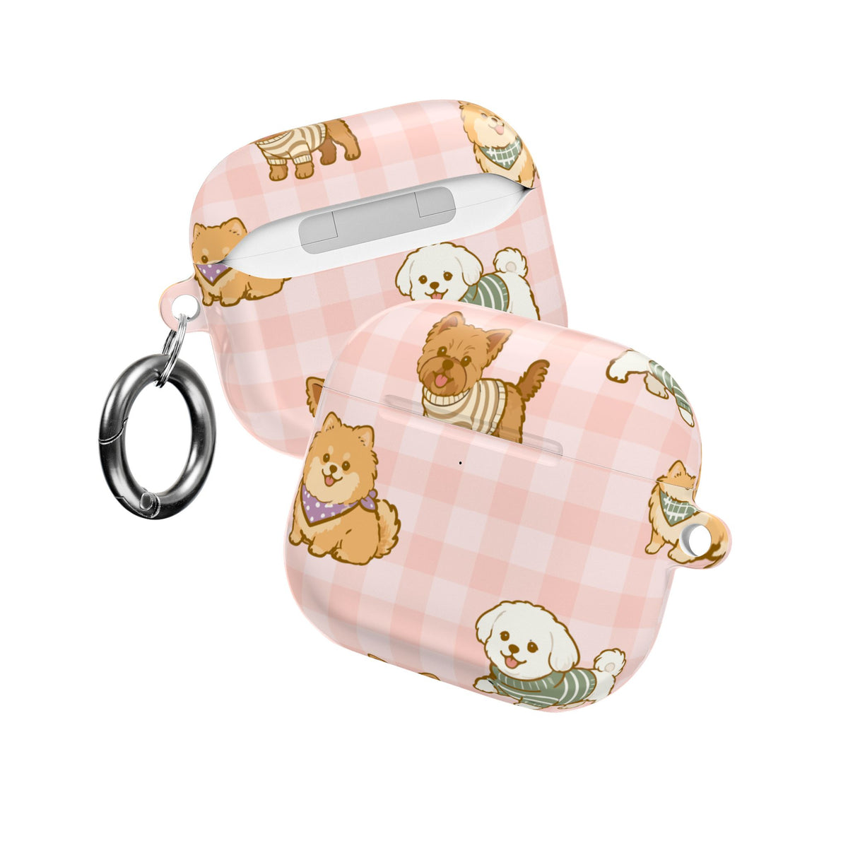 Cute Puppy Gingham AirPod Case | Pink Dog Pattern Glossy Earbud Cover |