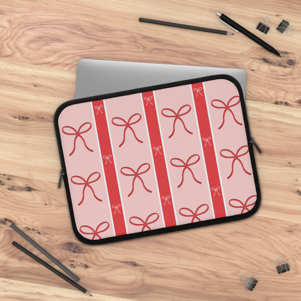 Pink Bow Laptop Sleeve | Cute Ribbon & Stripe Laptop Case | Padded Protective Computer Cover |