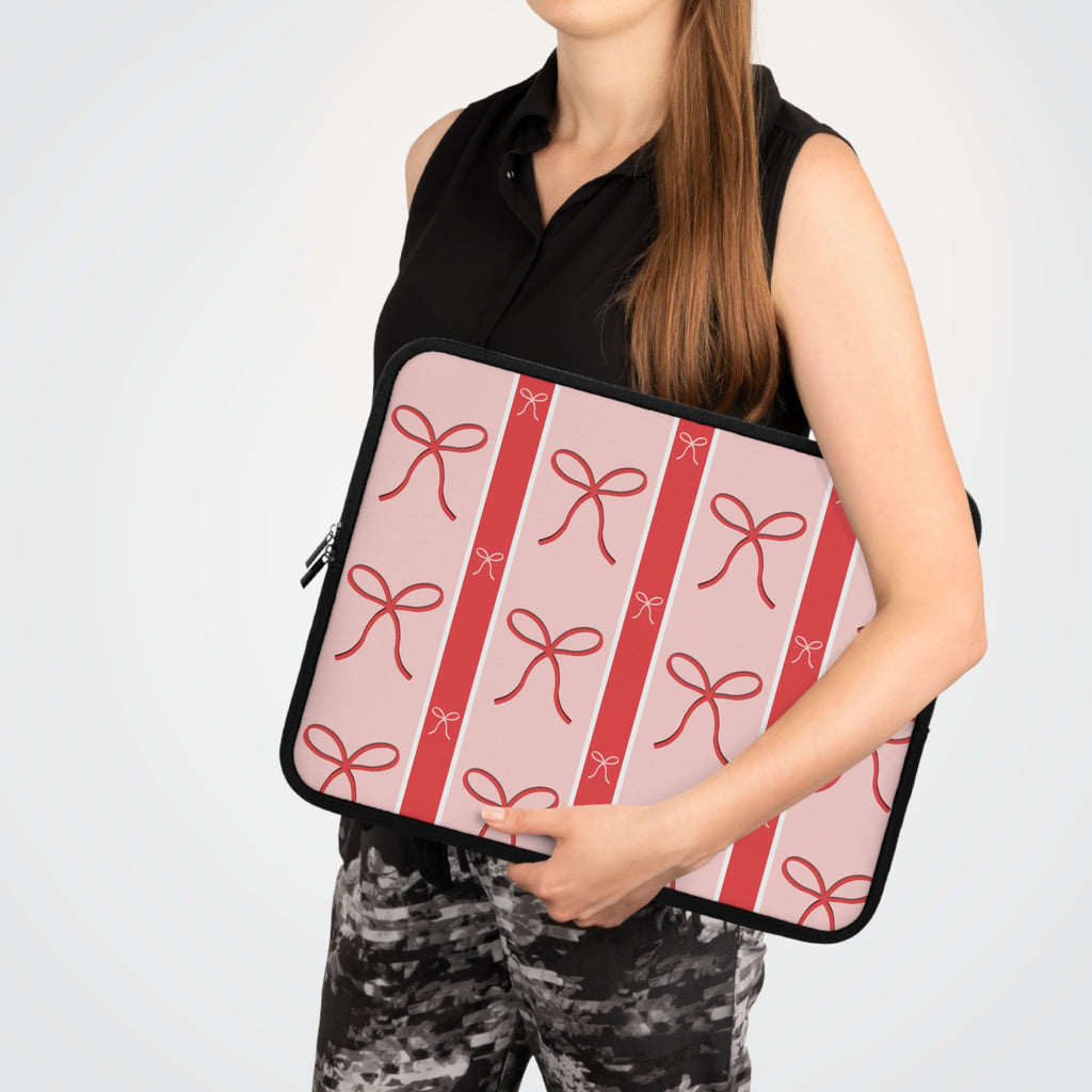 Pink Bow Laptop Sleeve | Cute Ribbon & Stripe Laptop Case | Padded Protective Computer Cover |