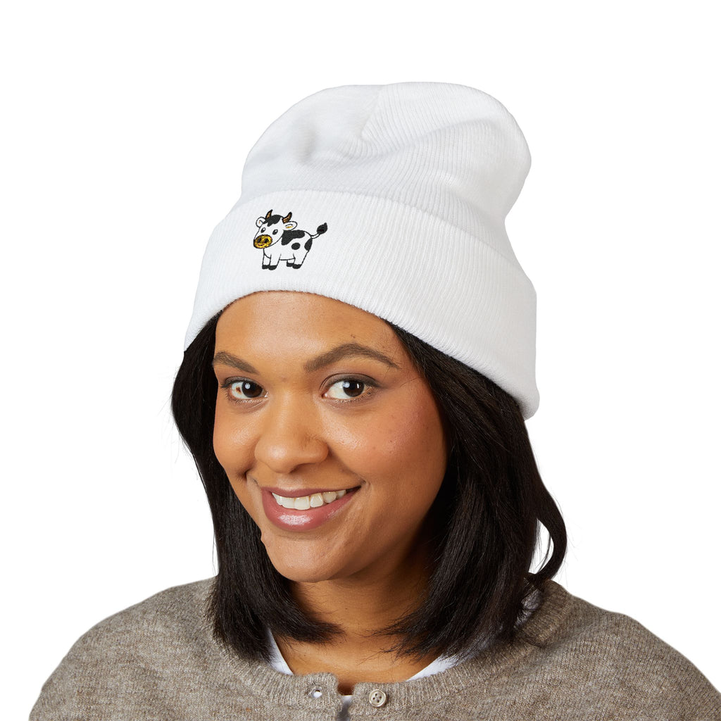 Cow Embroidered Cuffed Beanie | Cute Farm Animal Winter Hat | Cozy Knit Cap |