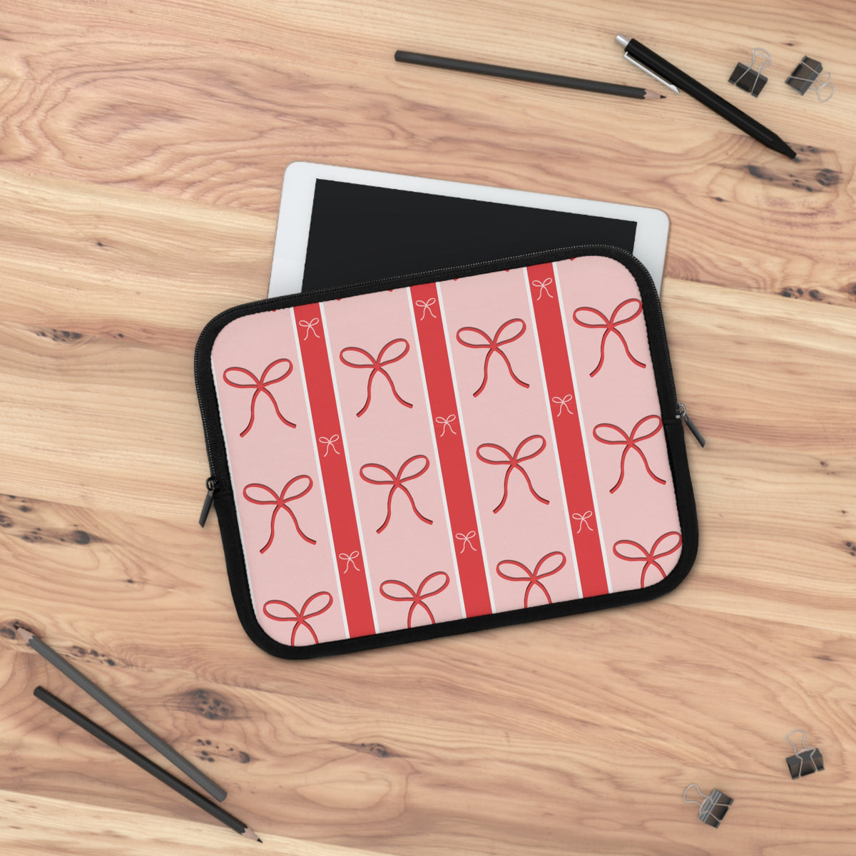 Pink Bow Laptop Sleeve | Cute Ribbon & Stripe Laptop Case | Padded Protective Computer Cover |