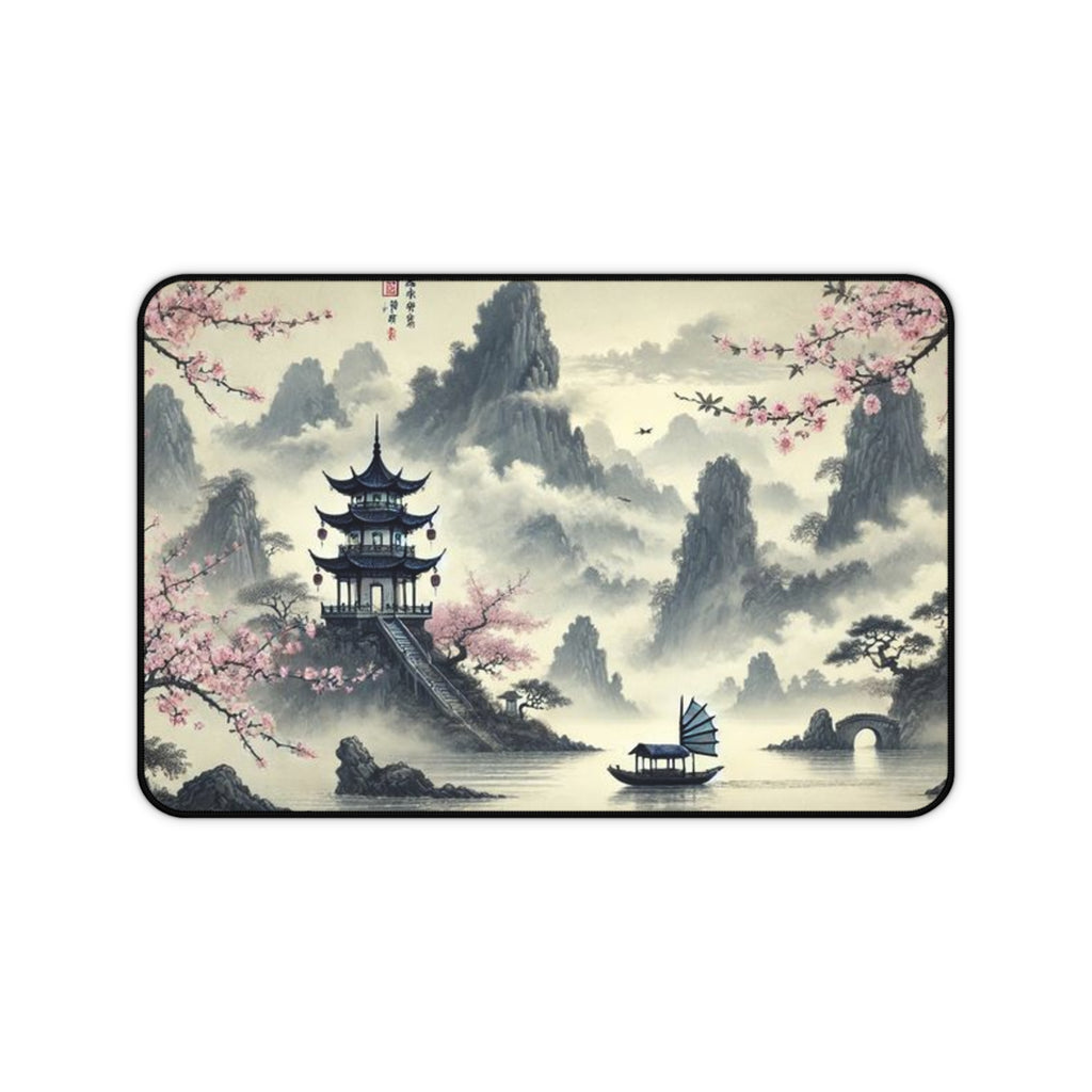 Japanese Landscape Desk Mat | Cherry Blossom Mountain Mouse Pad | Scenic Asian-Inspired Workspace Décor |