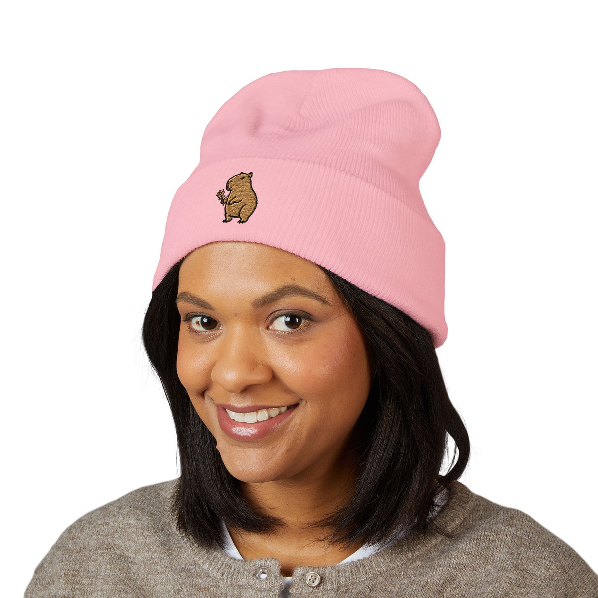 Capybara Embroidered Cuffed Beanie | Cute Animal Winter Hat | Cozy Knit Cap |